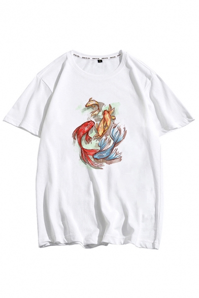 Cartoon Fish Printed Short Sleeve Crew Neck Loose Fit Fashion T Shirt in White