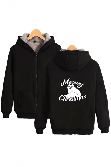 Casual Letter Meowy Christmas Cartoon Cat Graphic Long Sleeve Zip up Sherpa Lined Relaxed Fit Hoodie for Guys