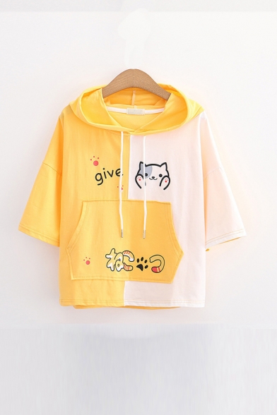 Chic Girls Colorblock Letter Give Cartoon Cat Footprint Printed Pocket Drawstring Hooded Short Sleeve Regular Fit Graphic Hoodie