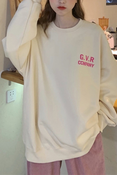 Chic Womens Letter GVR Print Long Sleeve Crew Neck Loose Fit Pullover Sweatshirt in Apricot
