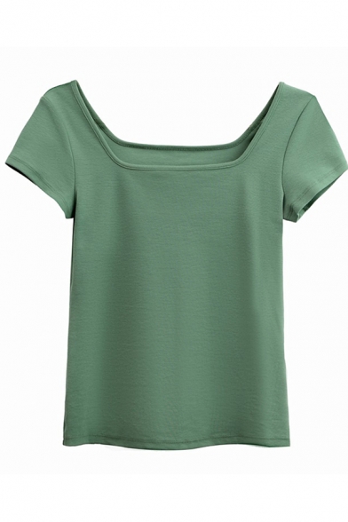 Chic Womens Solid Color Short Sleeve Square Neck Fit Tee