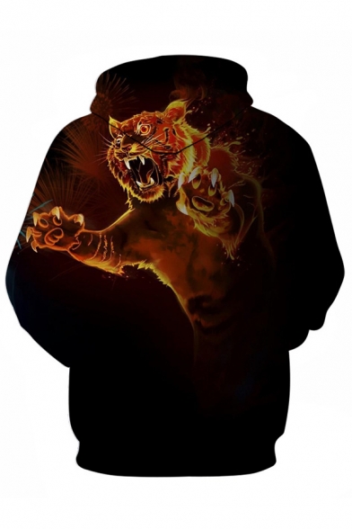 Cool Mens 3D Tiger Fire Pattern Pocket Drawstring Long Sleeve Regular Fitted Hooded Sweatshirt