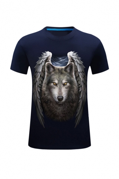 Cool Mens 3D Wolf Wing Pattern Short Sleeve Round Neck Regular Fitted T-Shirt