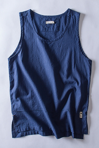 Cool Mens Tank Top Solid Color Split Sleeveless Scoop Neck Regular Fitted Tank Top