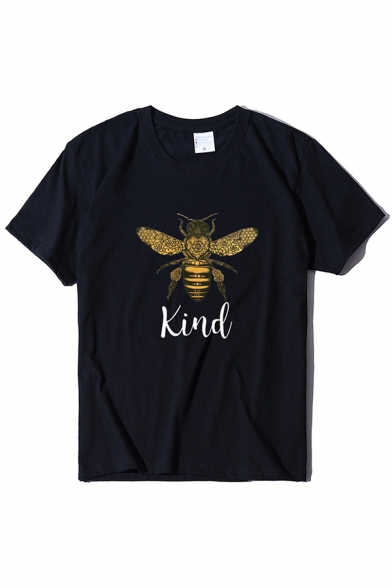 Fancy Cartoon Bee Letter Kind Graphic Rolled Short Sleeve Crew Neck Slim Fit T Shirt for Girls