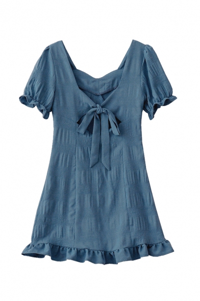 Fancy Girls Solid Color Pleated Tied Cut Out Backless Ruffle Trim Sweetheart Neck Short Puff Sleeve Short Smock Dress