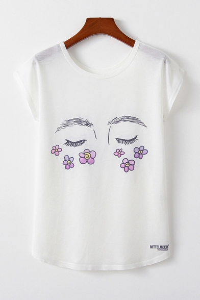 Girls Pretty Letter Hello Beautiful Cartoon Face Graphic Short Sleeve Round Neck Loose Fit T-shirt