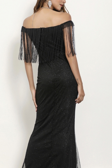 Glamorous Ladies Glitter Fringe Off the Shoulder Maxi Fishtail Dressing Gown in Black