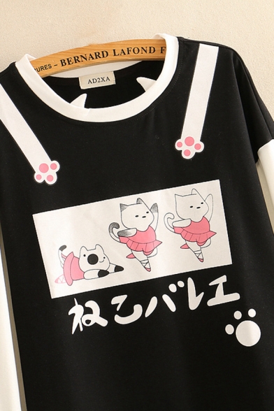 Kawaii Womens Japanese Letter Cat Graphic Contrasted Long Sleeve Round Neck Loose Fit Pullover Sweatshirt