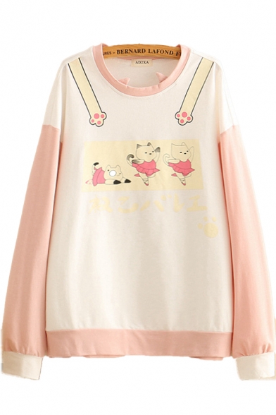 Kawaii Womens Japanese Letter Cat Graphic Contrasted Long Sleeve Round Neck Loose Fit Pullover Sweatshirt