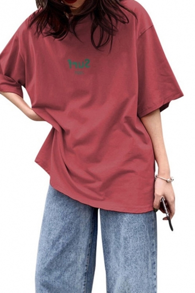 Korean Girls Letter Print Half Sleeve Crew Neck Relaxed T Shirt