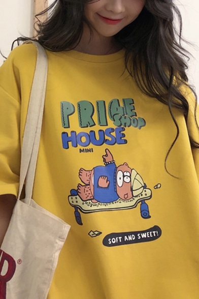 Korean Womens Letter Pride Shop House Cartoon Graphic Half Sleeve Crew Neck Loose Fit T Shirt