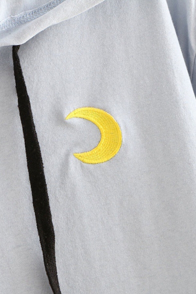 Leisure Womens Moon Embroidered Short Sleeve Drawstring Hooded High Low Hem Loose Hoodie