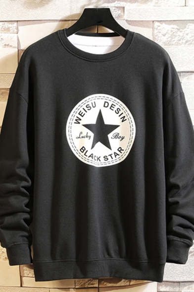 Mens Pullover Sweatshirt Basic Letter Black Star Printed Round Neck Cuffed Long Sleeve Regular Fit Graphic Pullover Sweatshirt