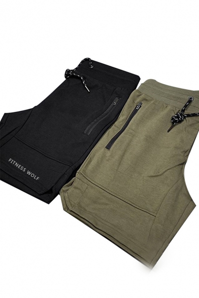 Mens Stylish Letter Fitness Wolf Printed Zipper Drawstring Side Slits Mid Thigh Slim Sweat Shorts