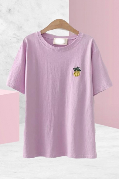 Pineapple Embroidered Short Sleeve Round Neck Relaxed Popular T Shirt for Girls