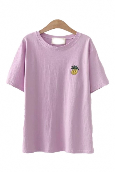 Pineapple Embroidered Short Sleeve Round Neck Relaxed Popular T Shirt for Girls
