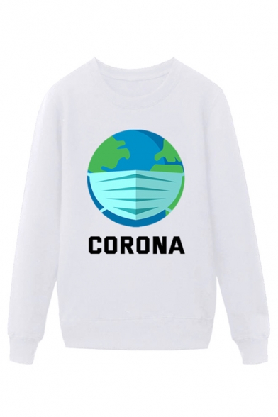 Popular Mens Earth Mask Pattern Letter Corona Pullover Long Sleeve Round Neck Regular Fitted Graphic Sweatshirt