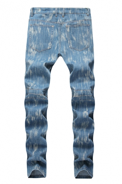 Popular Stacked Light Wash Pocket Zipper Mid Rise Full Length Slim Fitted Jeans for Men