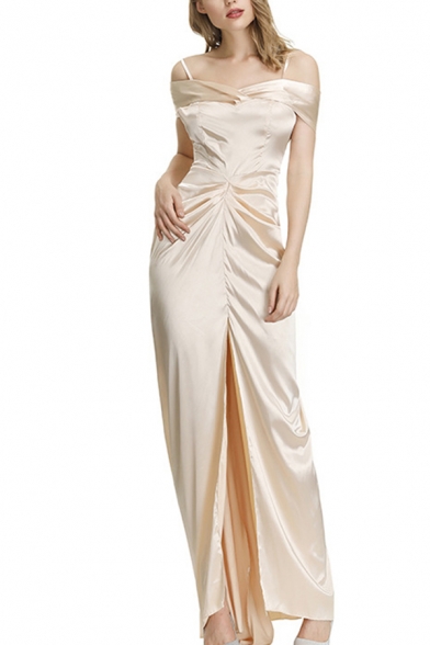Popular Womens Cold Shoulder Slit Front Ruched Long Column Dress in White