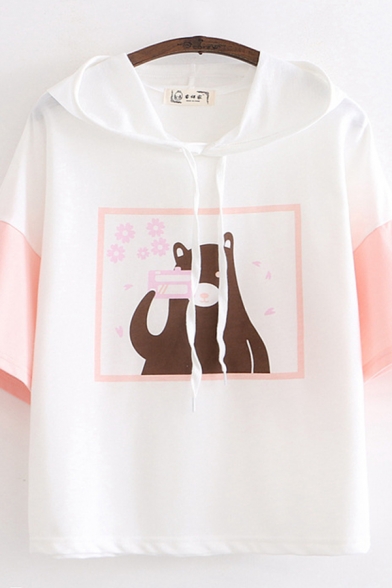 Preppy Girls Japanese Letter Bear Printed Drawstring Contrasted Loose Fit Hoodie