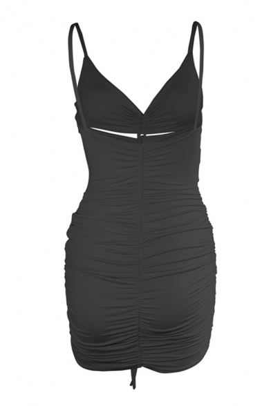 Sexy Womens Solid Color Drawstring Cut out Short Tight Cami Dress
