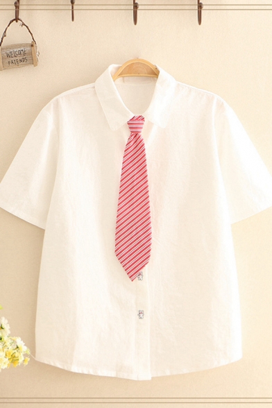 Simple Embroidery Striped Tie Short Sleeve Turn-down Collar Button down Relaxed Fit Shirt Top in White