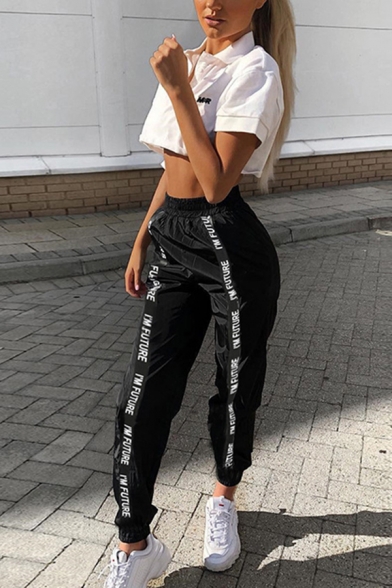 Street Womens Letter I'm Future Print Tape Patched Elastic Waist Ankle Length Baggy Trousers in Black