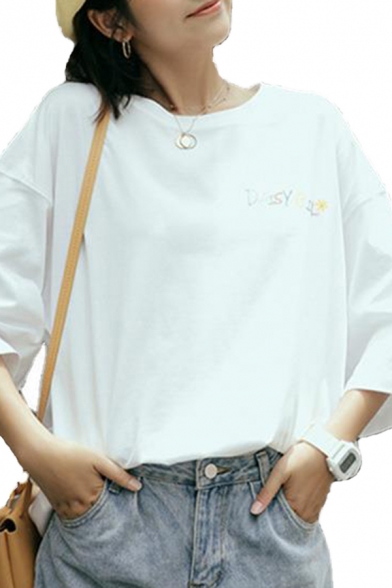 Stylish Girls Letter Naive And Cheerful Flower Graphic 3/4 Sleeves Round Neck Relaxed Fitted T Shirt