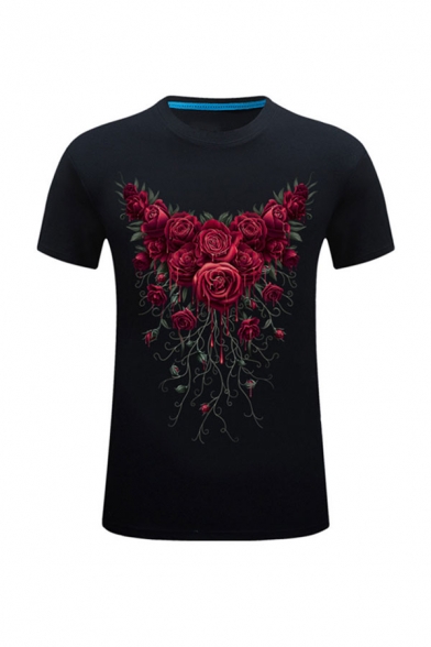 Stylish Mens 3D Floral Pattern Round Neck Short Sleeve Regular Fitted Tee Top