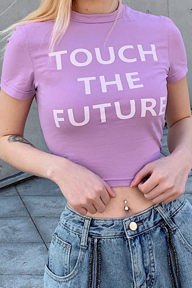Stylish Womens Letter Touch The Future Print Short Sleeve Crew Neck Fitted Crop T Shirt in Purple
