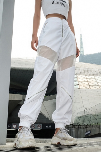 Stylish Womens White Zipper Decoration Sheer Mesh Panel Ankle Cuffed Tapered Fit Trousers in White
