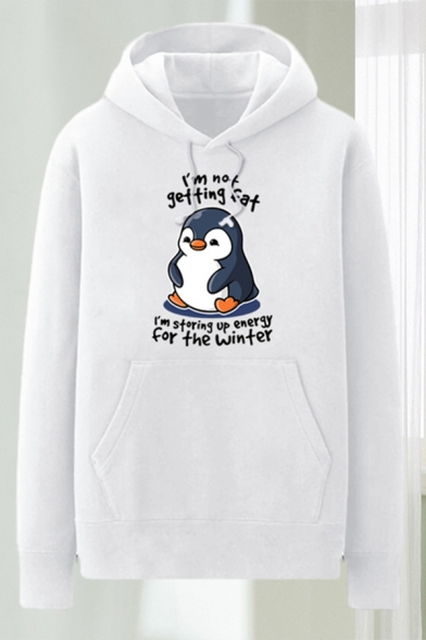 Trendy Mens Cartoon Penguin Letter I Am Not Getting Fat Printed Pocket Drawstring Long Sleeve Regular Fit Graphic Hooded Sweatshirt