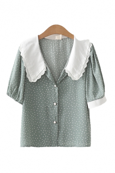 Trendy Womens Lace Trim Patchwork Polka Dot Button Up Lapel Collar Short Sleeve Regular Fitted Shirt