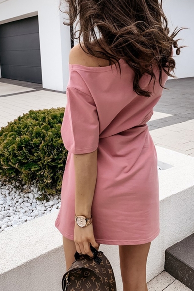 Trendy Womens Solid Color Short Sleeve Cold Shoulder Halter Bow Tie Waist Short A-line Dress
