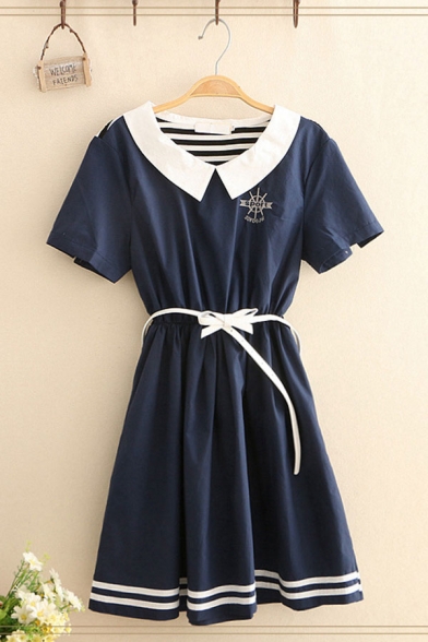 Unique Womens Embroidery Stripe Patched Short Sleeve Peter Pan Collar Bow Tie Waist Mid Pleated A-line Dress in Navy