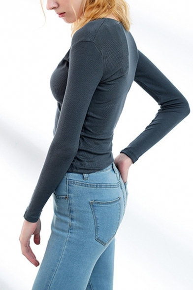 Womens Basic Plain Long Sleeve V-neck Slim Fitted T Shirt in Gray