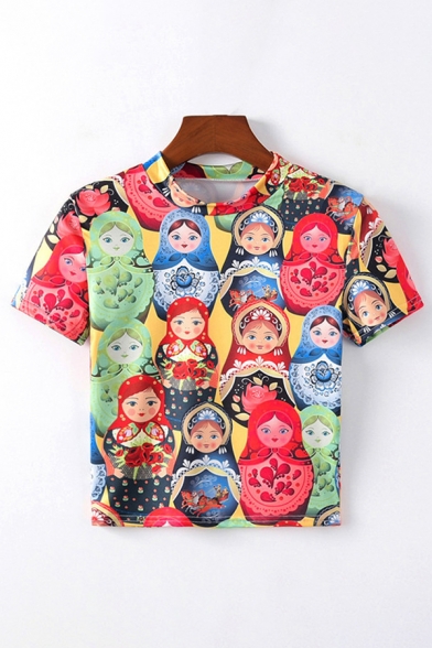 Allover Cartoon Printed Short Sleeve Crew Neck Regular Fit Cropped Stylish Tee for Women