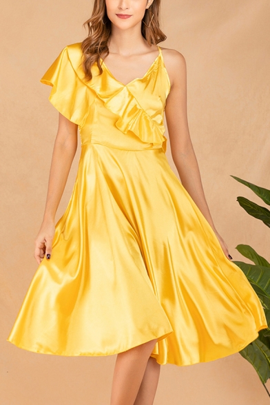 Amazing Gold Asymmetric Neck Ruffled Trim Midi Pleated A-line Dress for Women