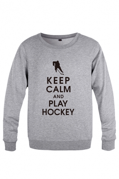 Athletic Mens Character Letter Keep Clam and Play Hockey Printed Pullover Long Sleeve Round Neck Regular Fitted Graphic Sweatshirt