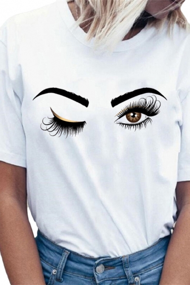 Casual Womens Cartoon Eyes Printed Short Sleeve Crew Neck Loose Fit T Shirt in White