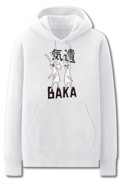 Chic Mens Cartoon Character Pattern Letter Baka Pocket Drawstring Long Sleeve Regular Fit Graphic Hooded Sweatshirt