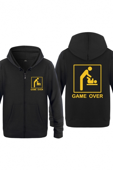 Chic Mens Character Letter Game over Printed Zipper up Pocket Drawstring Long Sleeve Regular Fitted Graphic Hooded Sweatshirt