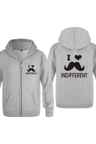 Chic Mens Heart Beard Letter I Indifferent Printed Zipper up Pocket Drawstring Long Sleeve Regular Fit Graphic Hoodie