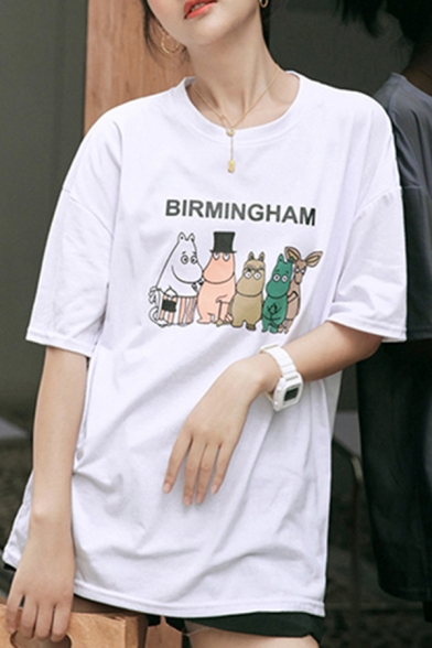 Chic Womens Letter Birmingham Cartoon Graphic Half Sleeve Crew Neck Loose T-shirt in White