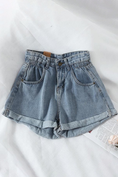 Chic Womens Solid Color High Rise Rolled Cuffs Relaxed Denim Shorts
