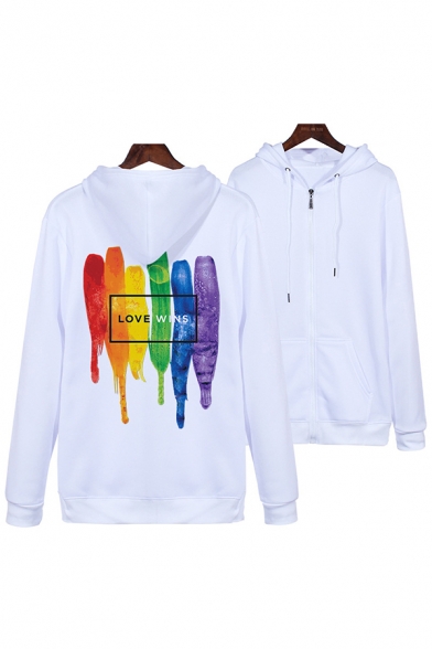 Cool Mens Letter Love Wins Colorful Stripe Graphic Long Sleeve Zipper Front Relaxed Fit Hoodie