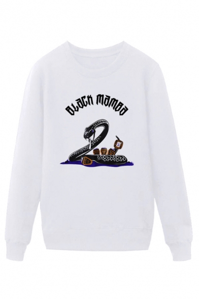 Cool Snake Letter Black Mamba Printed Pullover Long Sleeve Round Neck Regular Fit Graphic Sweatshirt for Men