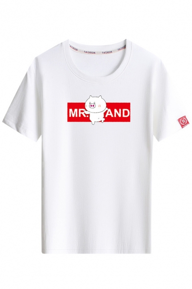 Cute Cartoon Pig Graphic Short Sleeve Crew Neck Loose Fit Tee Top for Men