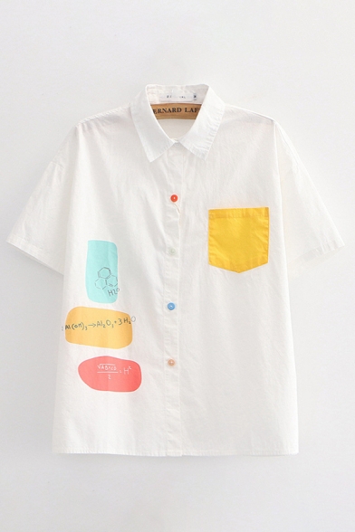 Cute Girls Formula Printed Contrasted Chest Pocket Colorful Button up Short Sleeve Point Collar Loose Shirt
